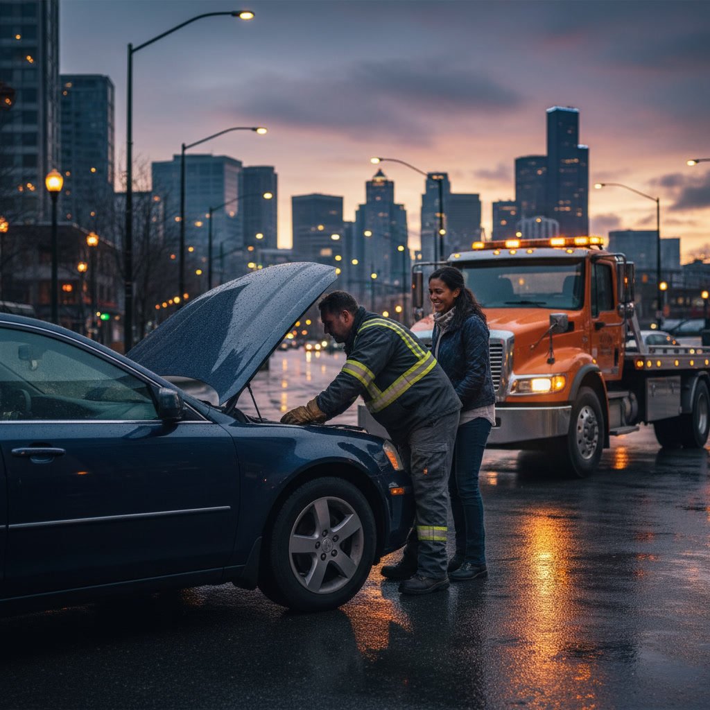 Tow truck operator assisting stranded driver on Seattle roadside at night