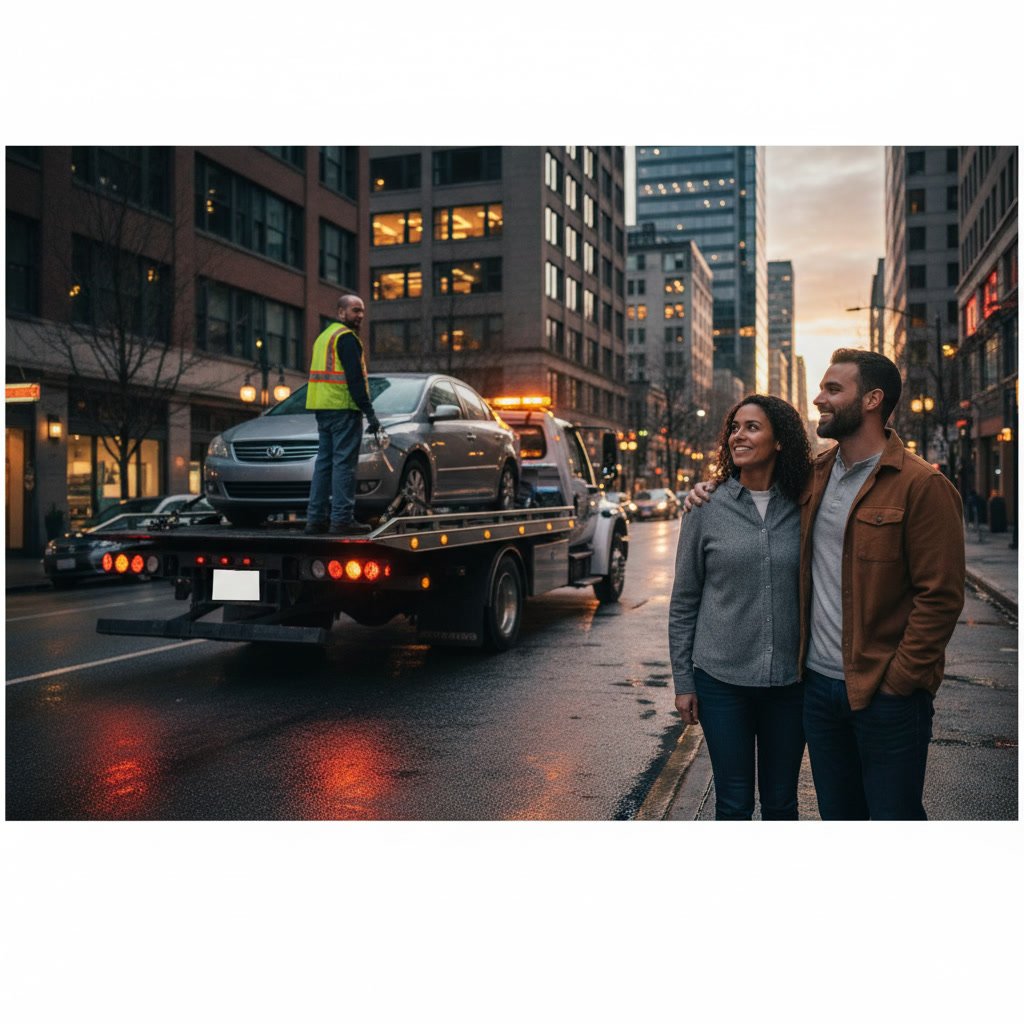 Tow truck with secured vehicle providing roadside assistance on Seattle street