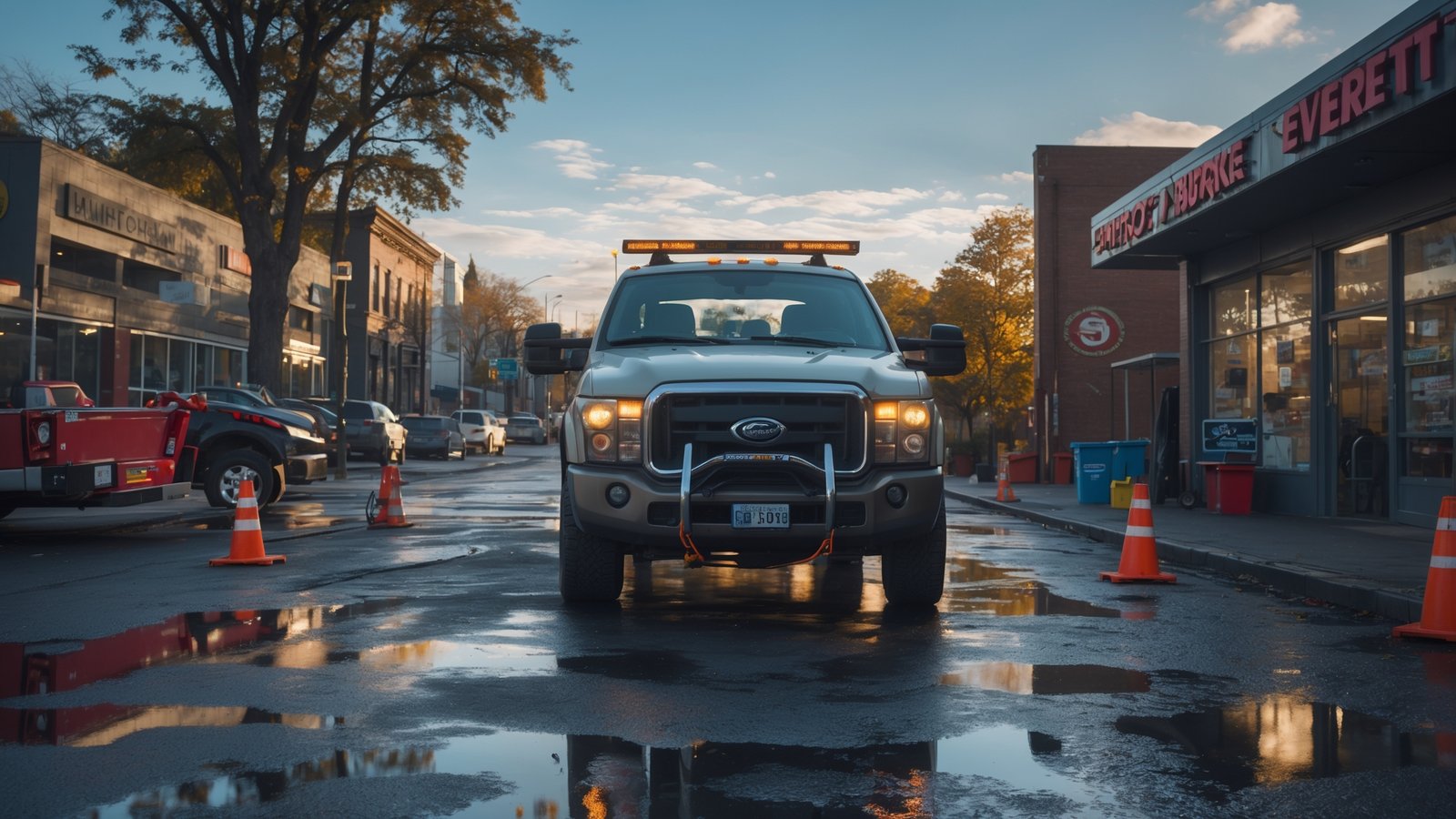 Tow truck providing emergency roadside assistance in Everett Washington