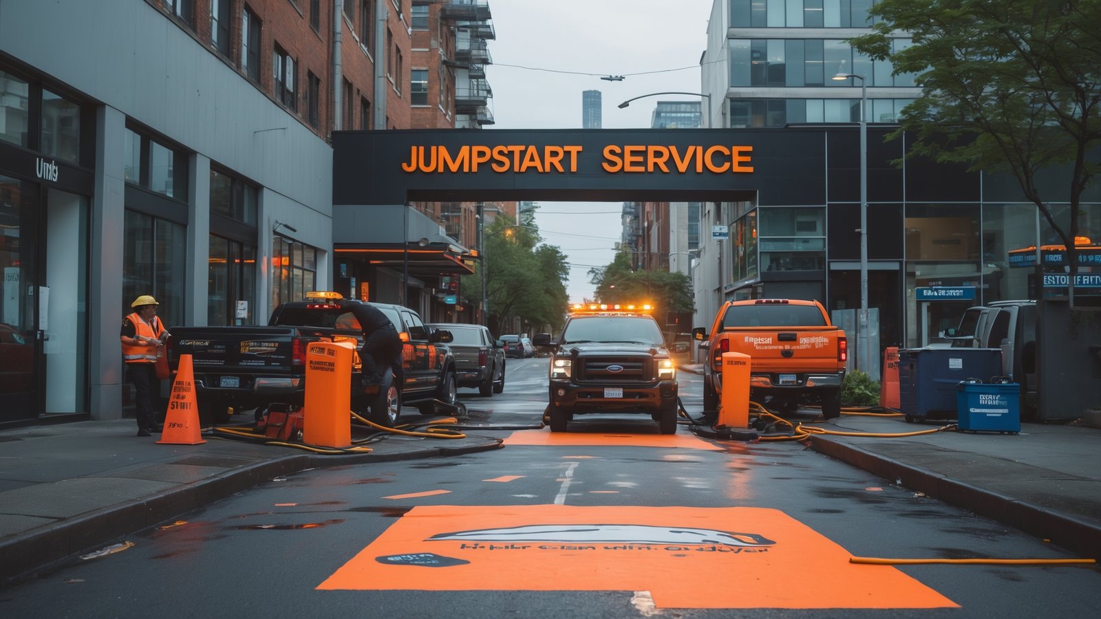 Professional jumpstart service technician helping stranded driver with dead battery in Seattle