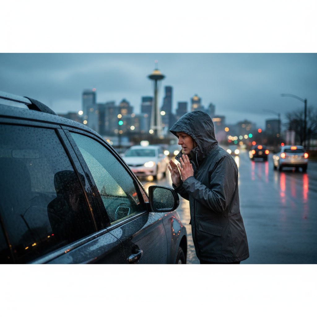 Professional locksmith helping driver locked out of car in Seattle parking lot