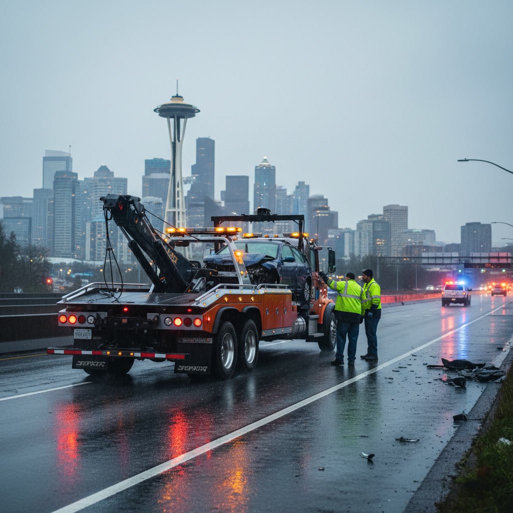 Flatbed tow truck loading damaged vehicle after Seattle accident