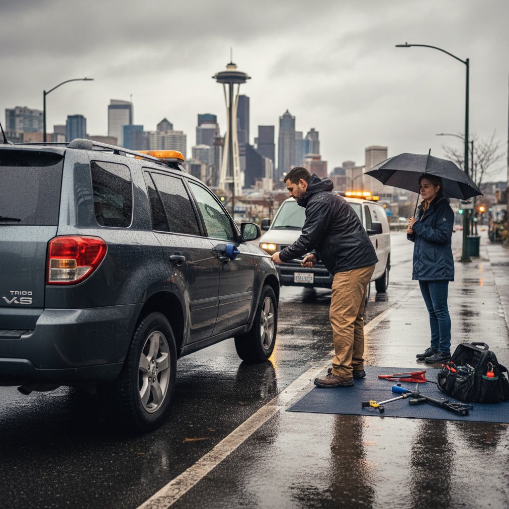 Roadside assistance technician unlocking car door with professional tools in Seattle