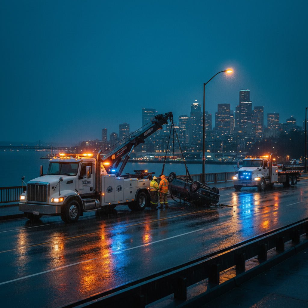Professional tow truck providing accident recovery service on Seattle street
