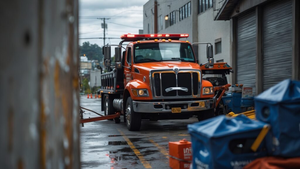 Tow truck providing emergency roadside assistance on busy highway in Edmonds Washington