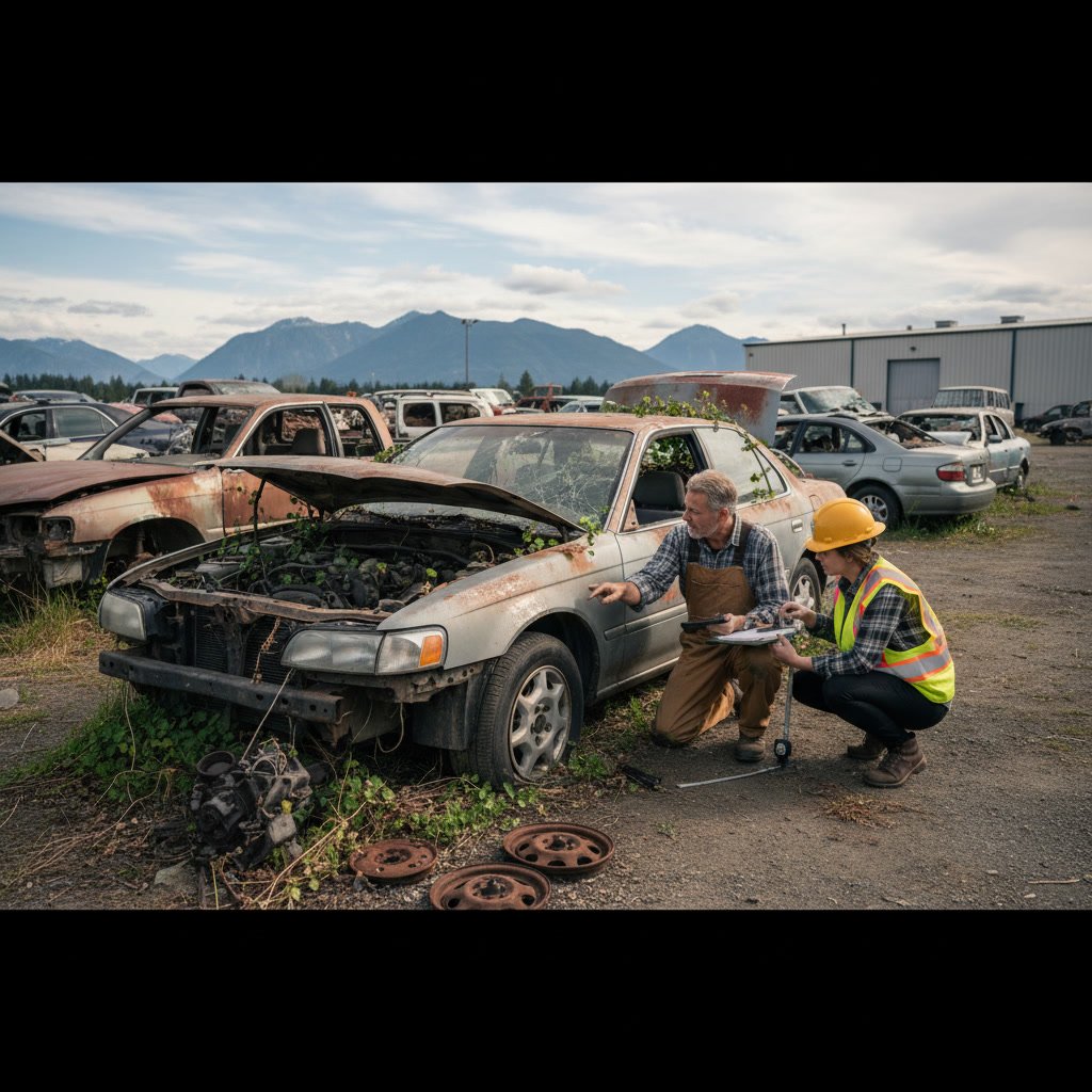 Junk car evaluation in Kirkland showing damaged vehicle awaiting cash offer