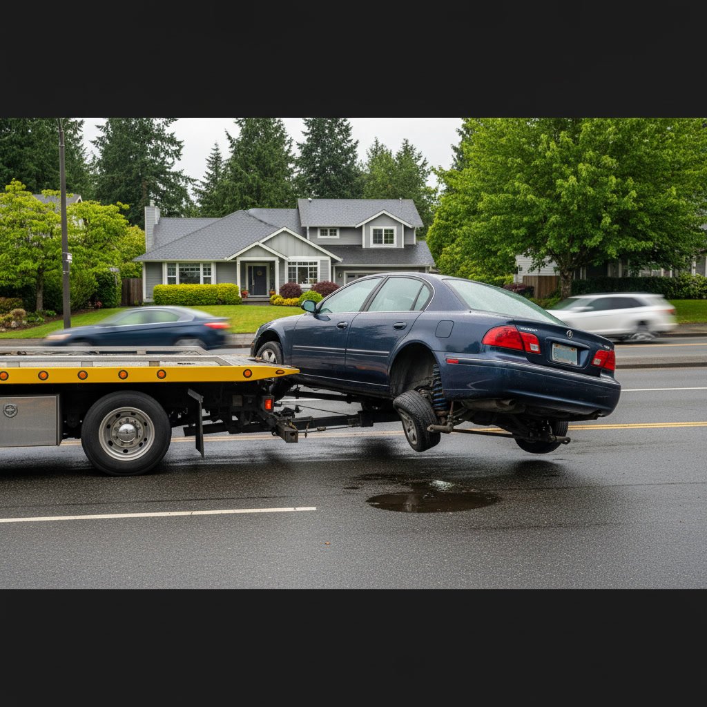 Professional flatbed tow truck safely loading a vehicle in Kirkland Washington