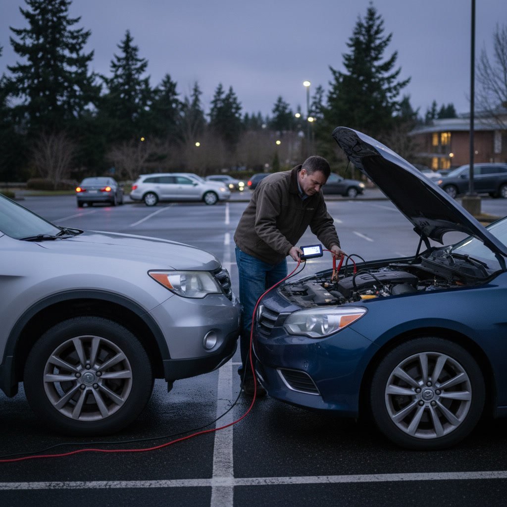 Professional technician providing jumpstart service to dead car battery in Kirkland parking lot