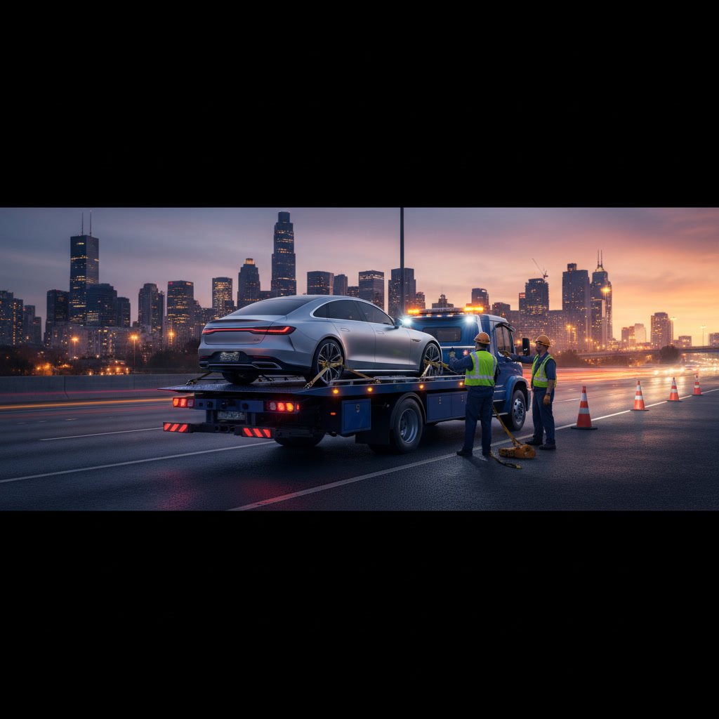 Professional flatbed tow truck securing a vehicle for safe transport