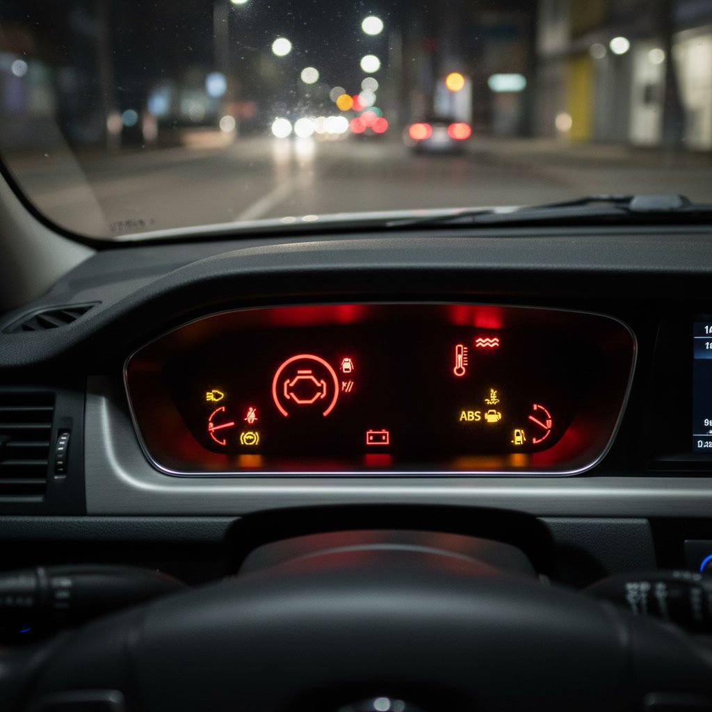 Dashboard warning lights indicating when to call tow truck immediately
