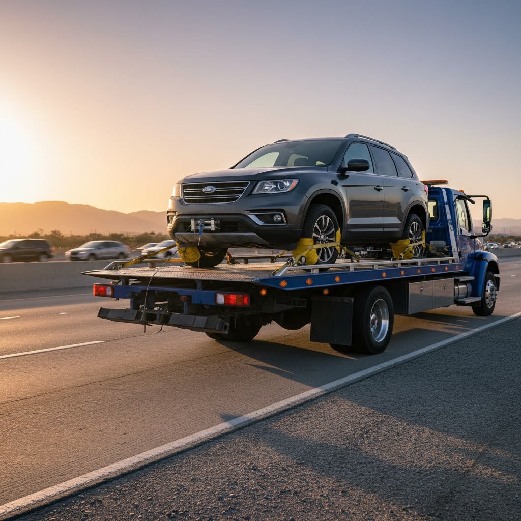 Flatbed tow truck loading AWD vehicle safely with all four wheels off ground