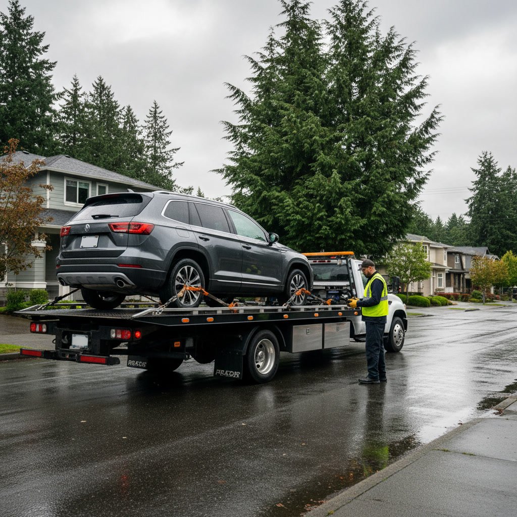 Tow truck operator securing vehicle on flatbed to prevent suspension damage