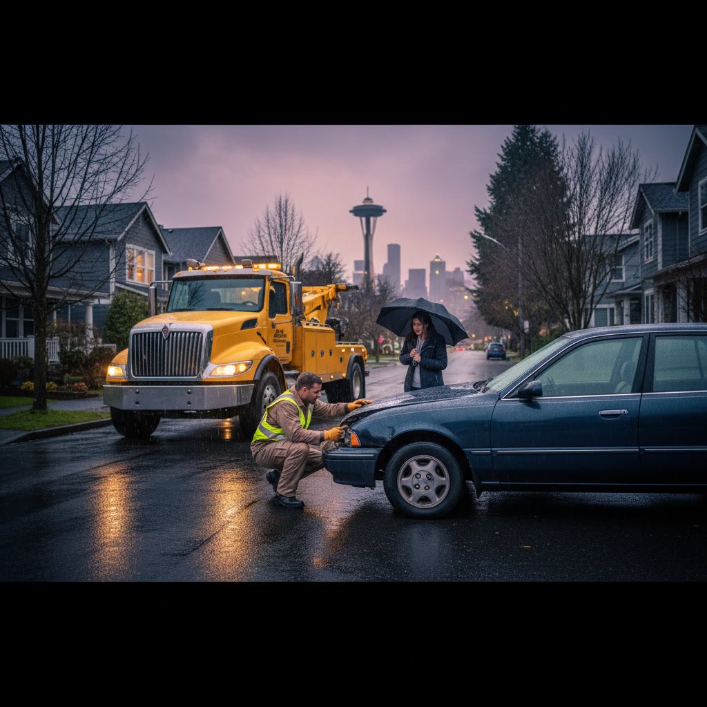 Tow truck driver inspecting vehicle before securing it for transport