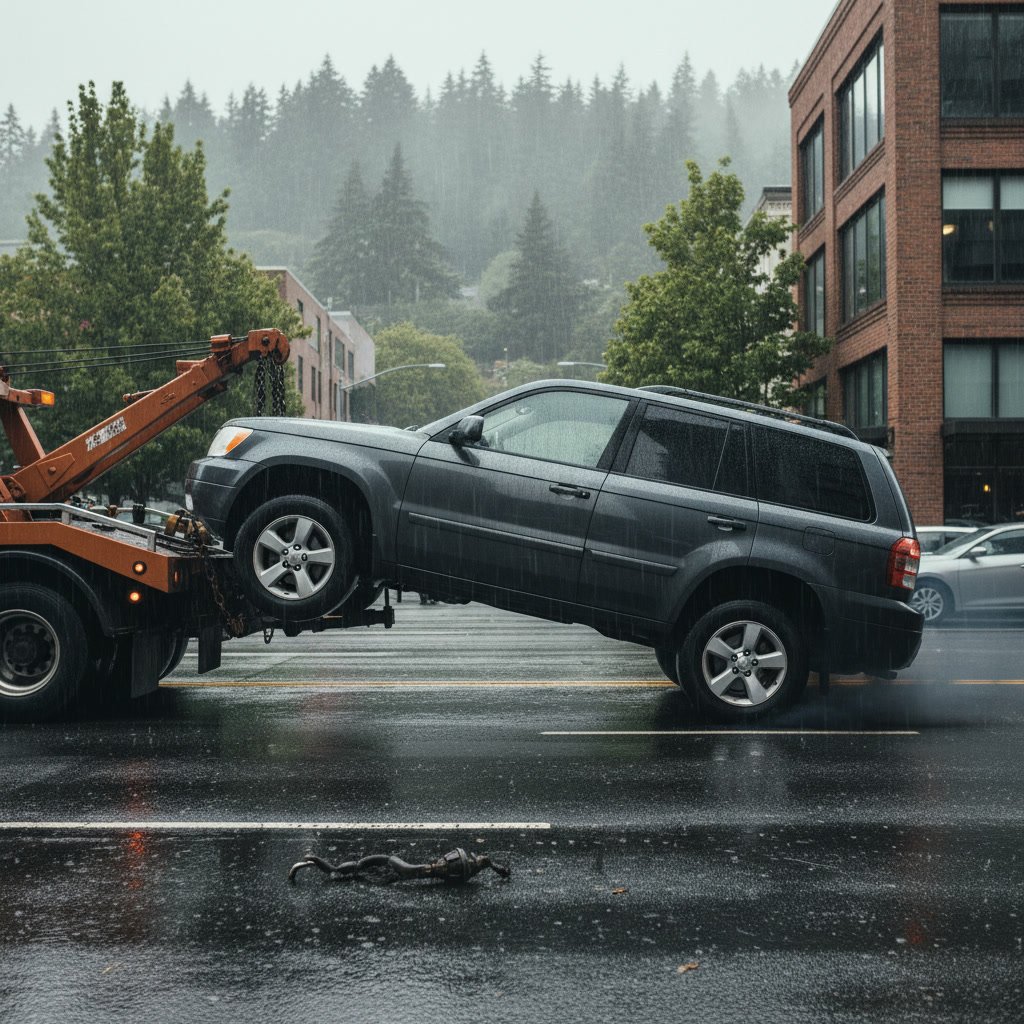 Professional tow operator securing AWD SUV with wheel dollies on all four corners