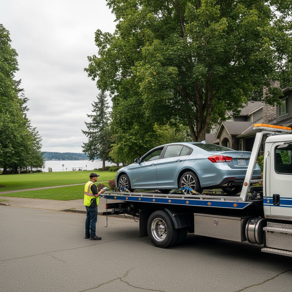 Professional tow truck operator preparing to safely load a car in Kirkland Washington