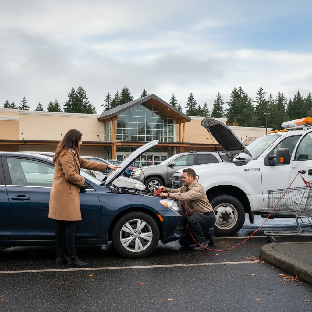 Dead car battery being serviced with professional jumpstart equipment in Kirkland store parking lot