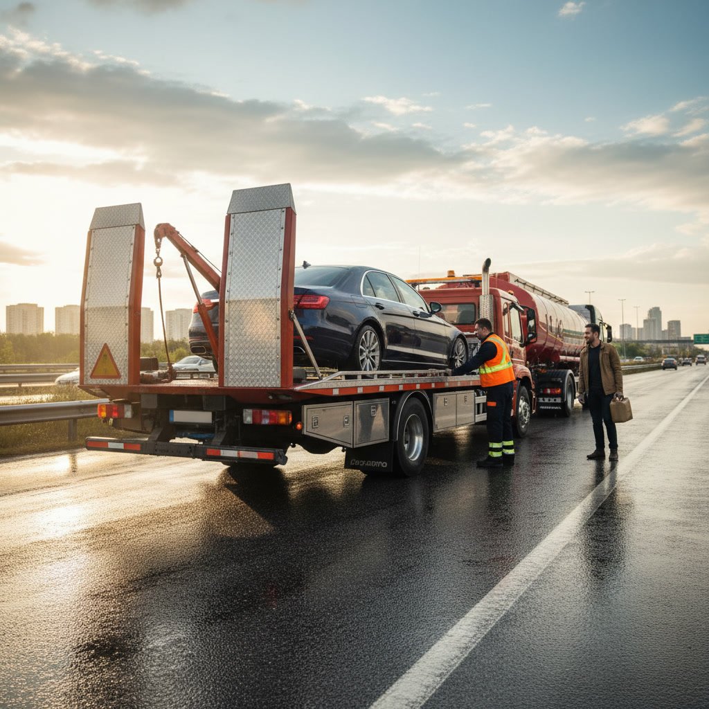 Professional tow truck operator preparing to load a vehicle safely