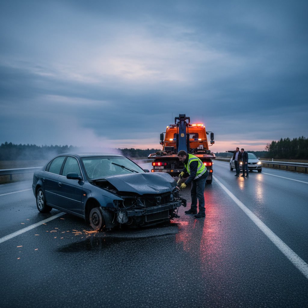 Professional tow truck responding to emergency vehicle breakdown