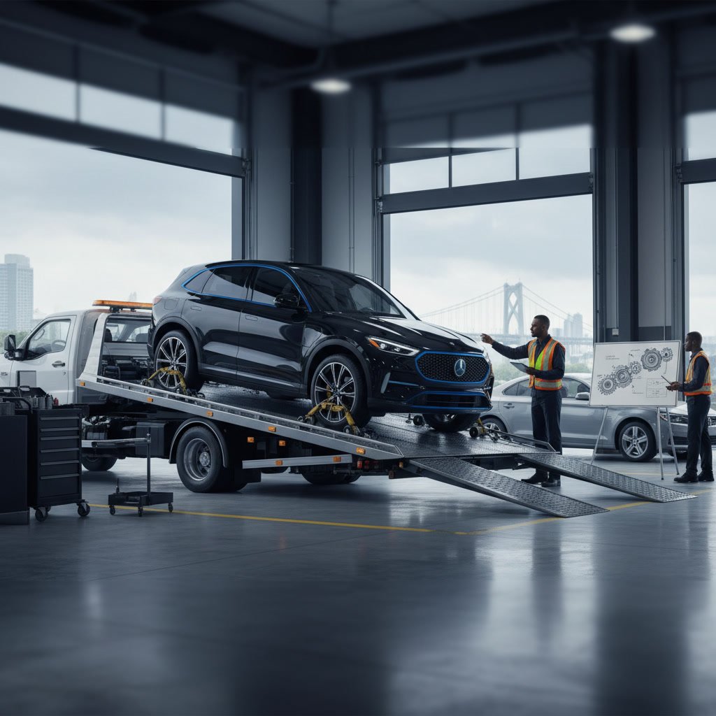 Flatbed tow truck transporting AWD vehicle safely with all four wheels secured on deck