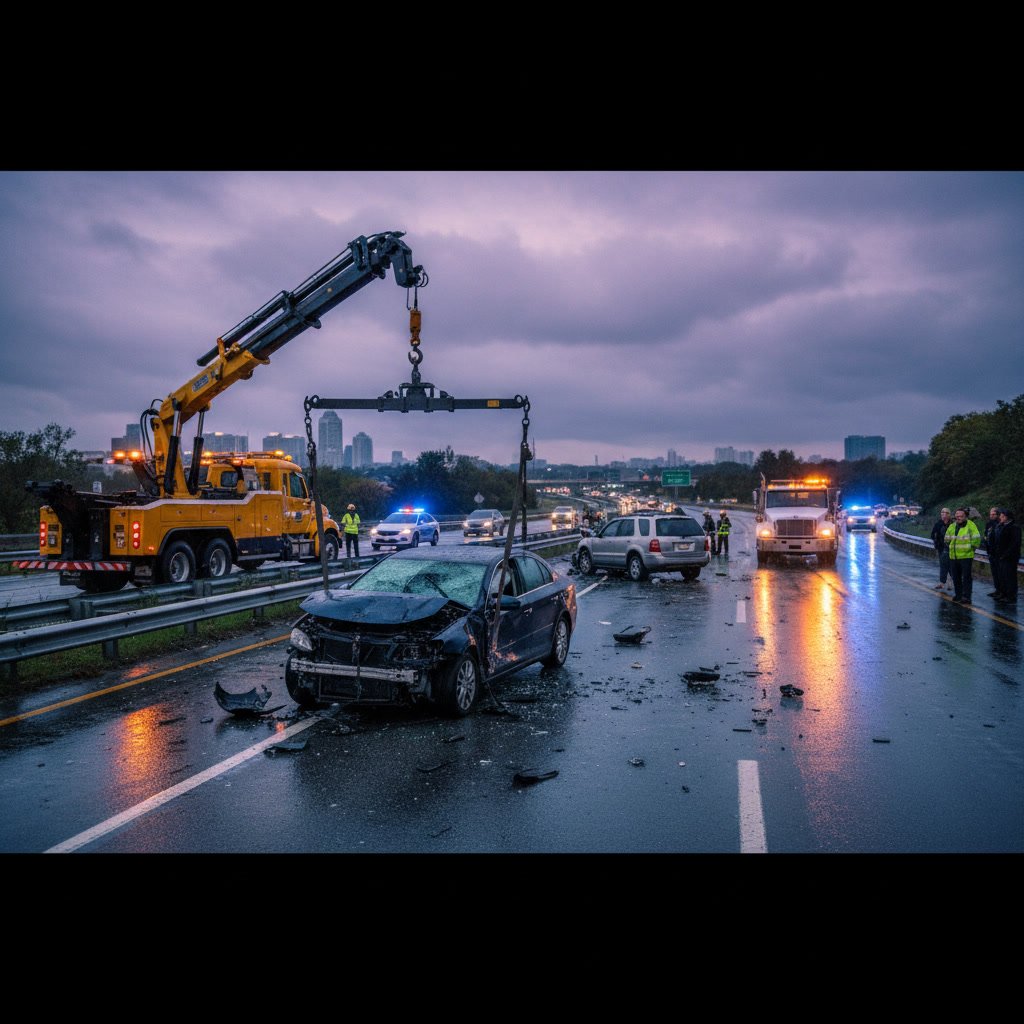 Tow truck securing damaged vehicle after Seattle car accident