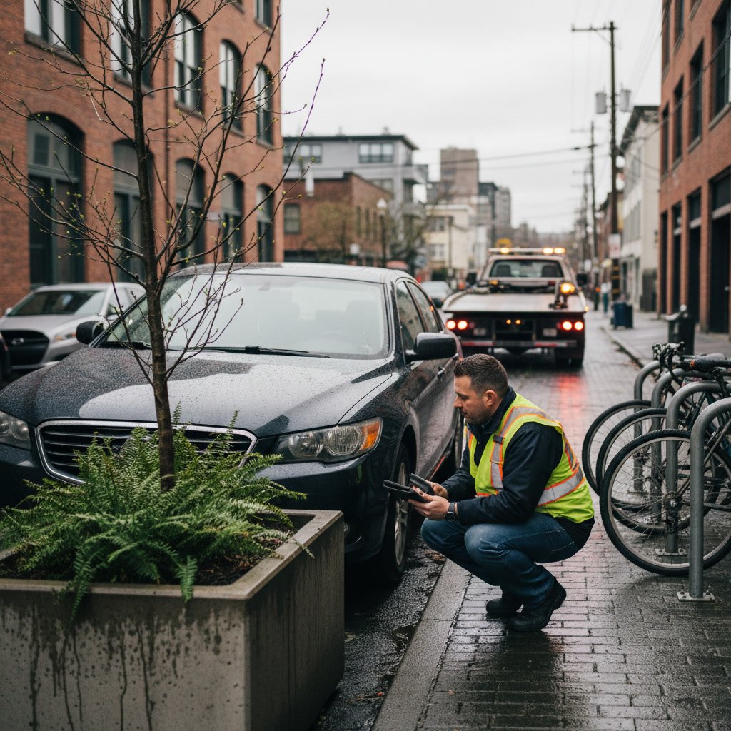 Tow truck driver inspecting vehicle position before hookup
