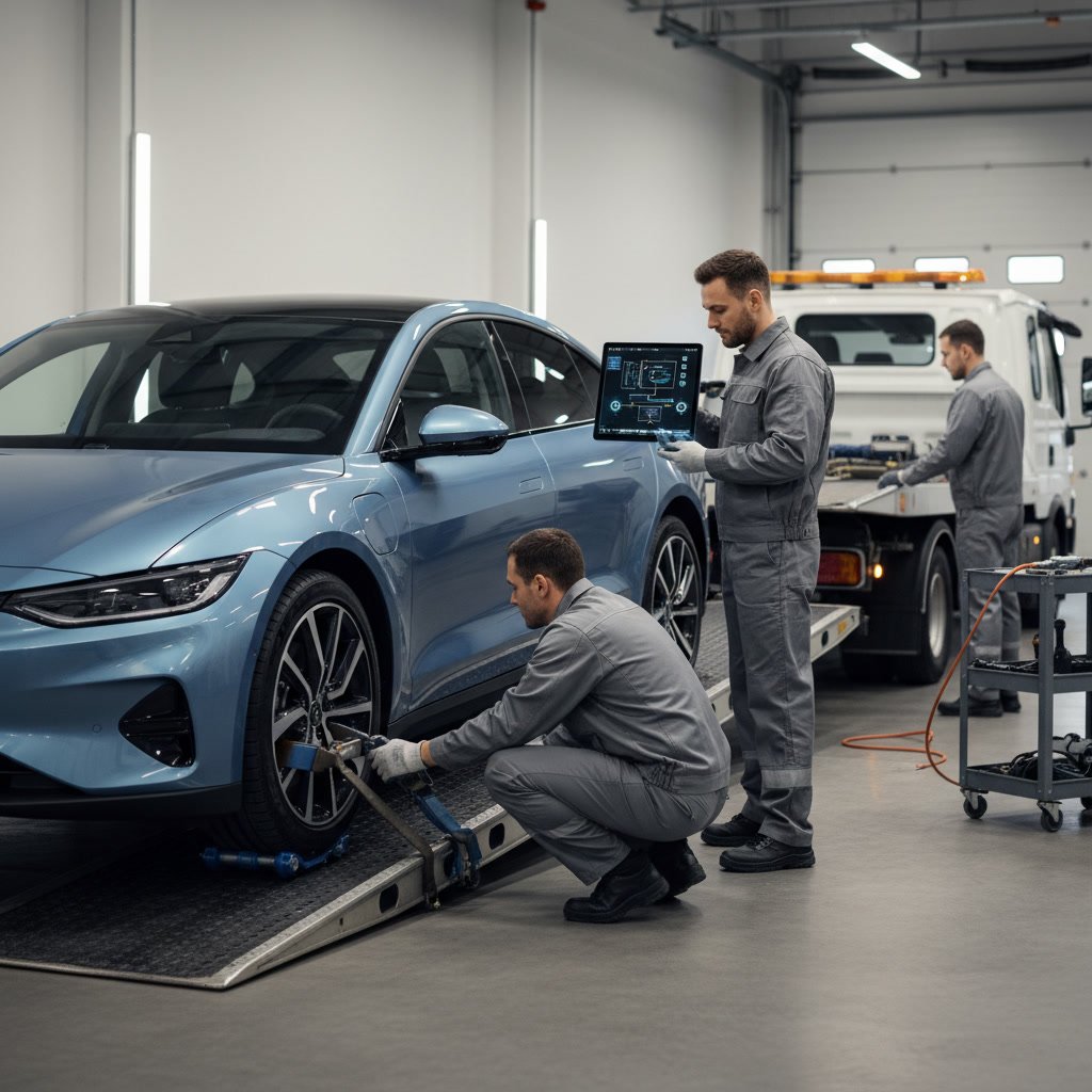 Flatbed tow truck loading electric vehicle safely onto platform