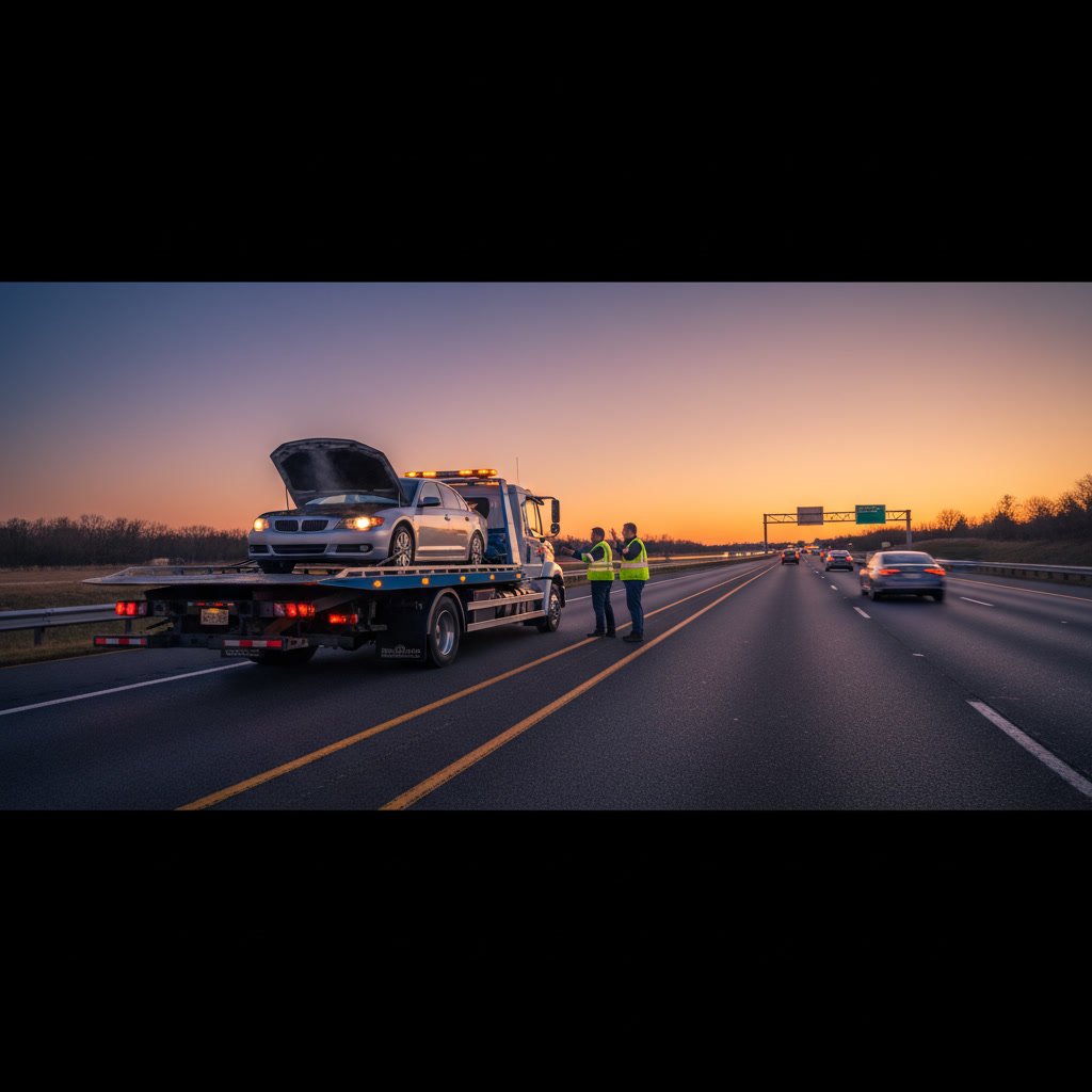 Professional tow truck driver securing collision-damaged car on flatbed