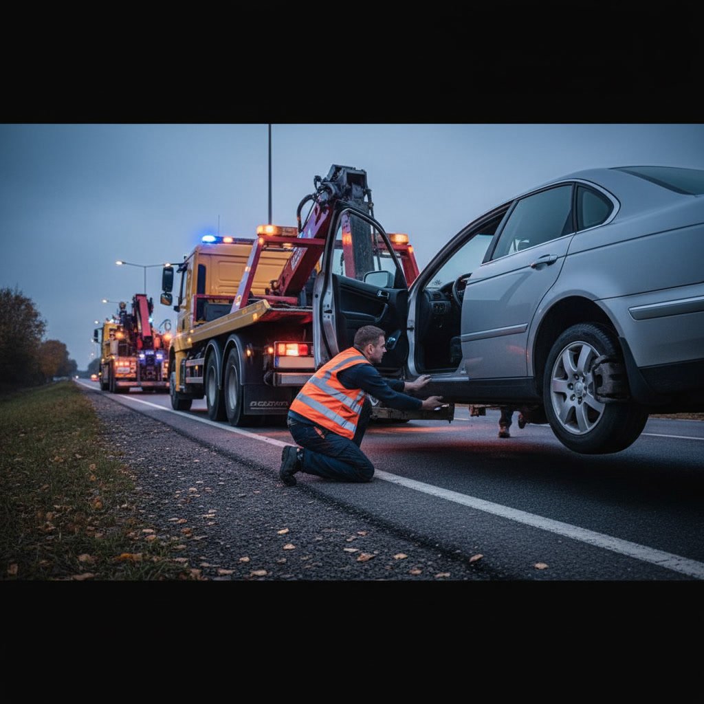 Professional tow truck operator checking vehicle brakes and steering