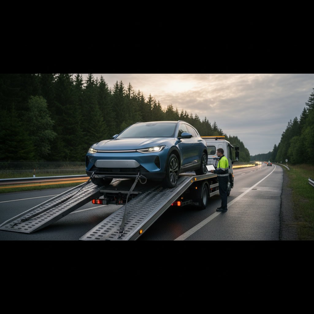 Electric vehicle secured on flatbed tow truck with straps