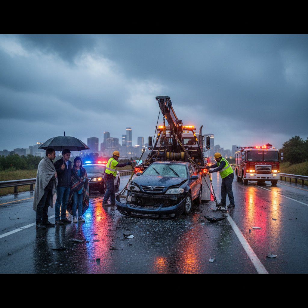 Emergency tow truck arriving at car accident scene in Seattle