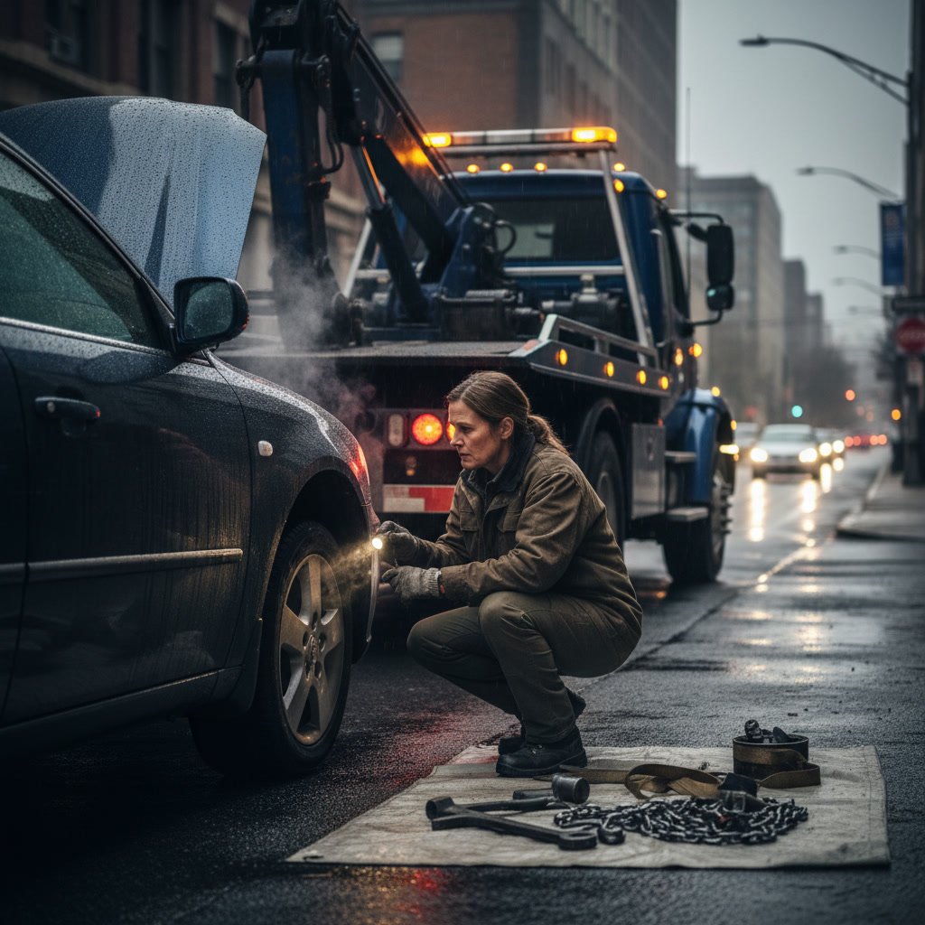Professional tow truck driver performing pre-hookup vehicle inspection