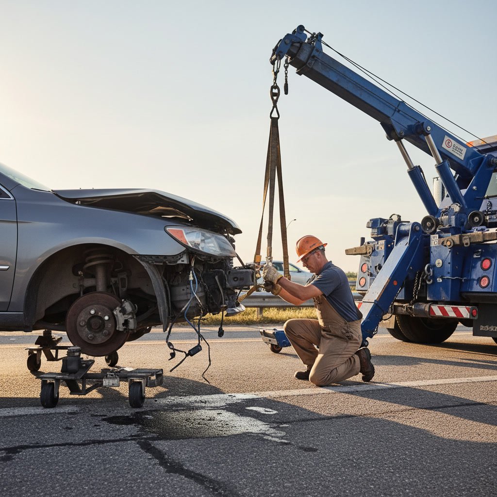 Tow truck driver securing vehicle with broken axle using professional flatbed and strapping equipment