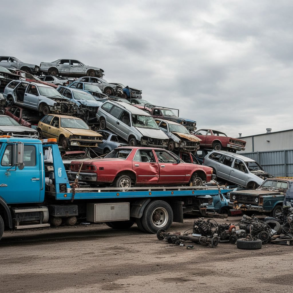 Junk car prepared for pickup with removed license plates and cleared interior